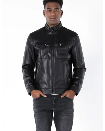 Jacheta slim fit de piele ecologica, Negru