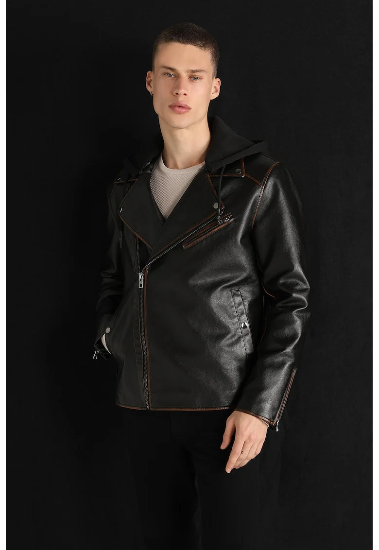 Jacheta biker slim fit de piele ecologica, Maro inchis