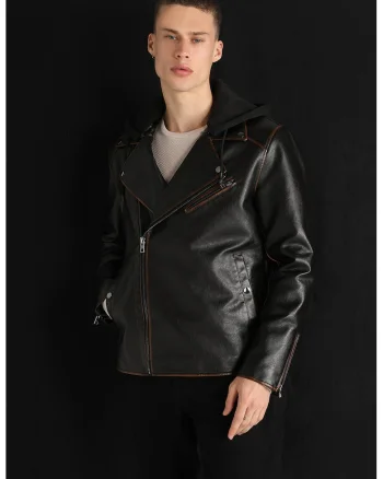 Jacheta biker slim fit de piele ecologica, Maro inchis
