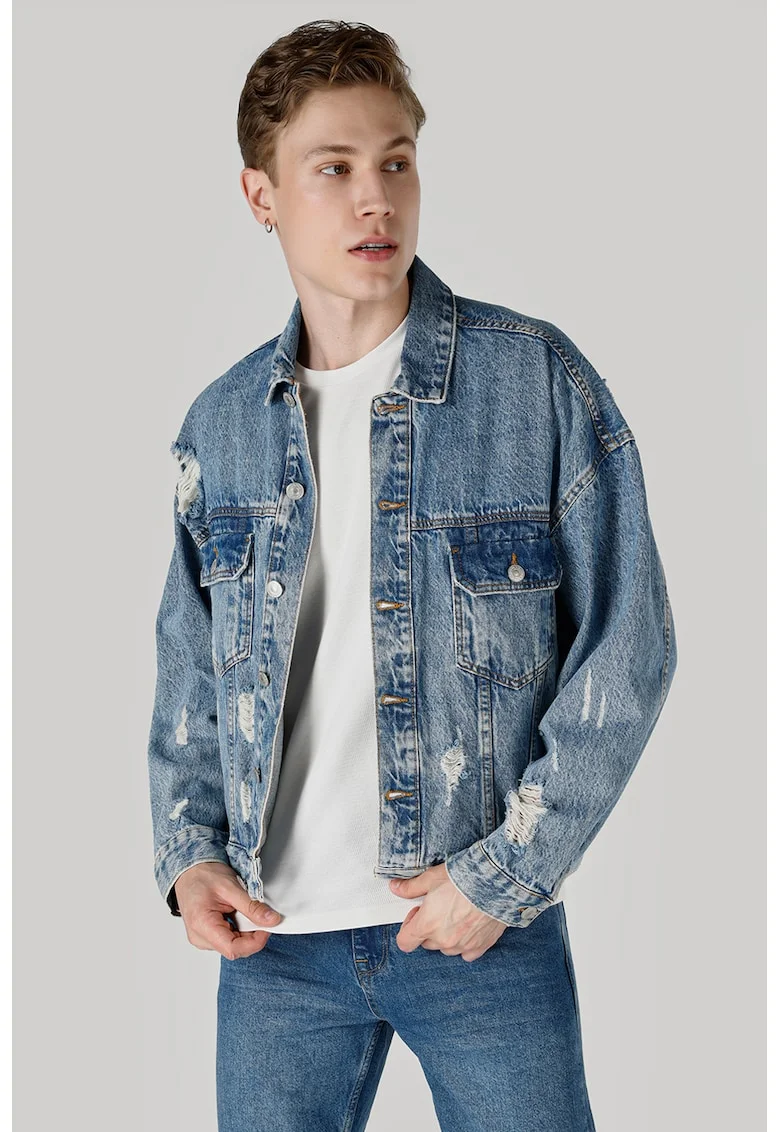 Jacheta de denim cu detalii cu aspect deteriorat, Albastru deschis