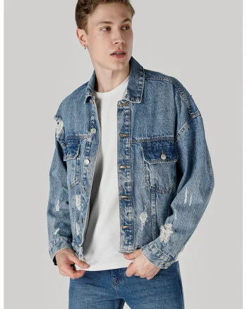 Jacheta de denim cu detalii cu aspect deteriorat, Albastru deschis