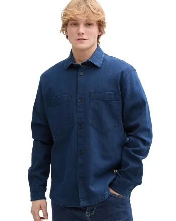 Jacheta-camasa din denim cu buzunare pe piept, Albastru indigo