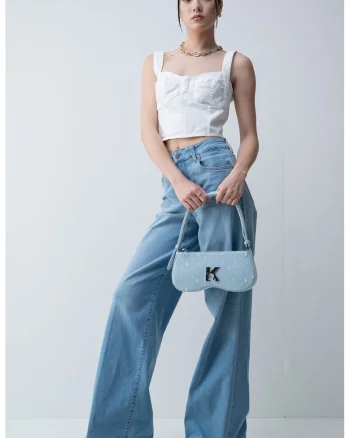 Top din denim cu fermoar, Alb optic