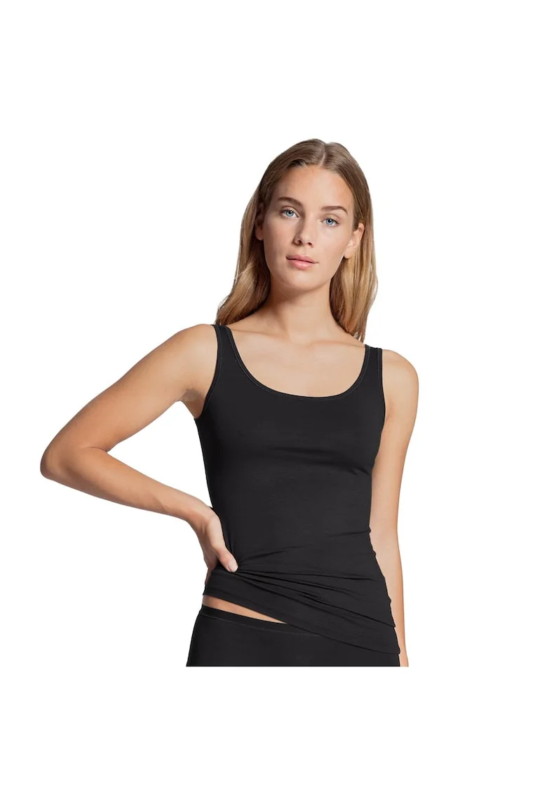 Top din amestec de bumbac cu decolteu rotund, Negru