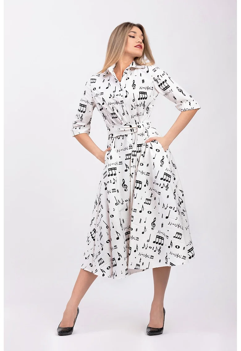 Rochie-camasa evazata cu cordon in talie, Negru/Alb optic