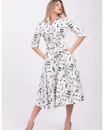 Rochie-camasa evazata cu cordon in talie, Negru/Alb optic