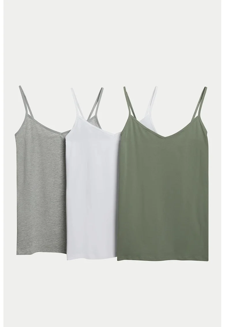 Set de topuri cu decolteu in V - 3 piese, Alb/Gri/Verde sparanghel
