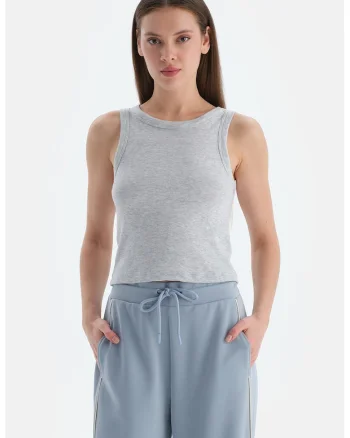 Top striat cu croiala slim-fit, Gri melange