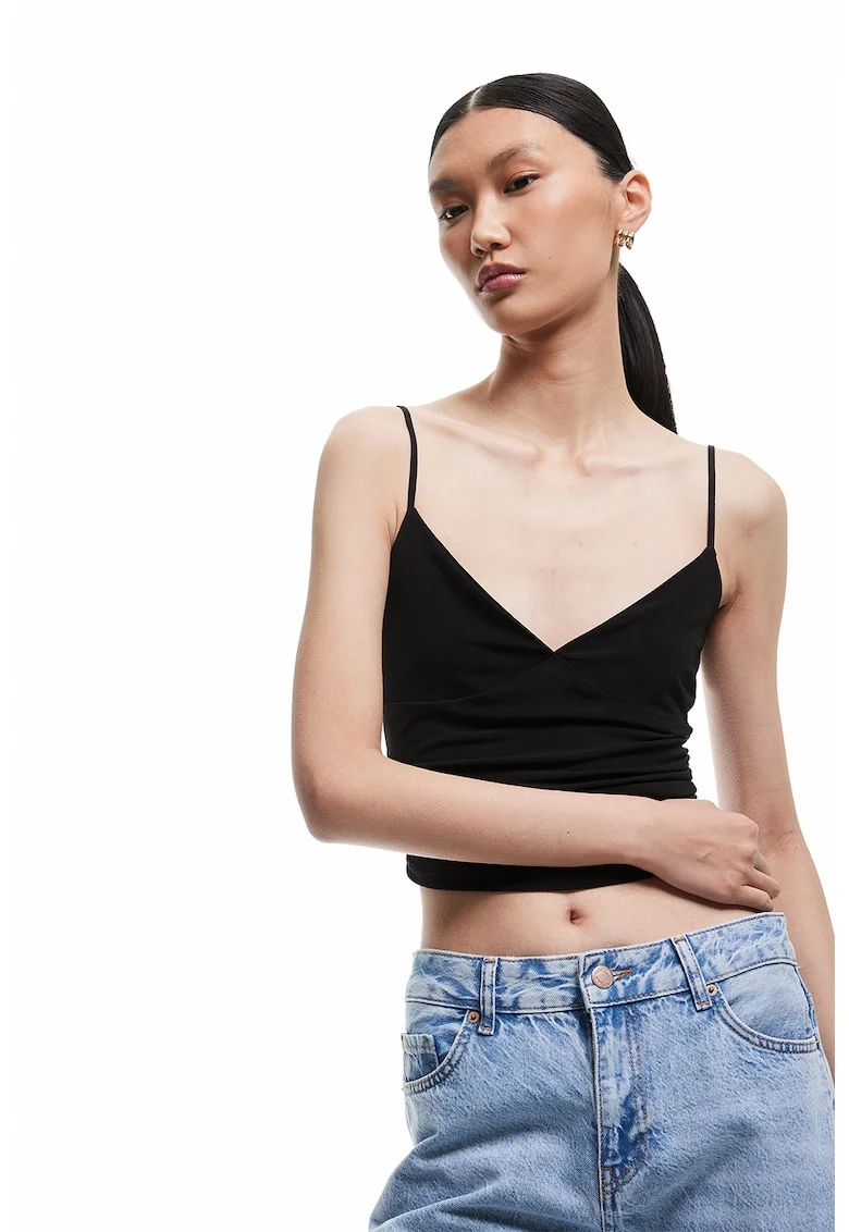 Top crop cu decolteu in V, Negru