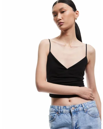 Top crop cu decolteu in V, Negru