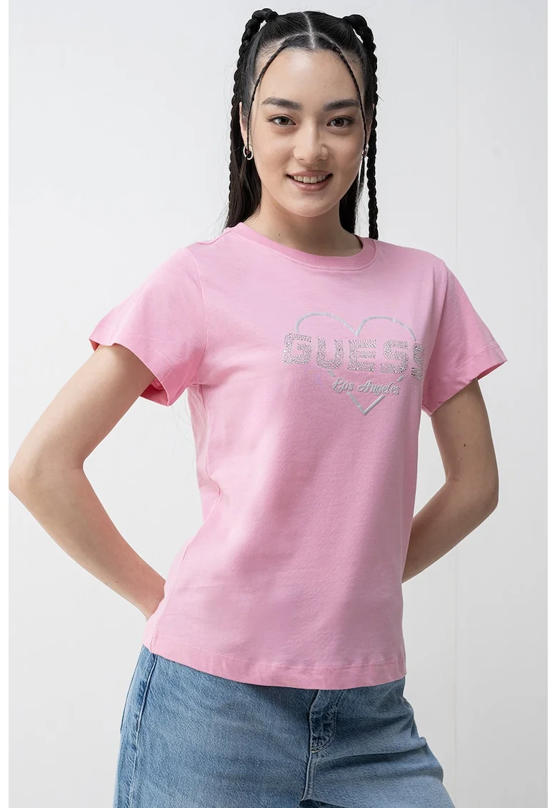Tricou regular-fit cu logo decorativ, Roz/Argintiu