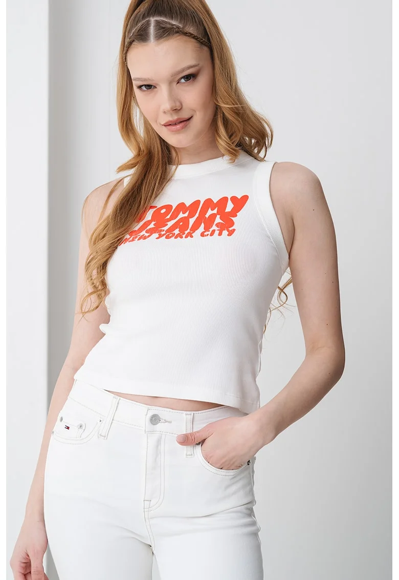 Top slim fit striat Bubble, Alb fildes/Coral