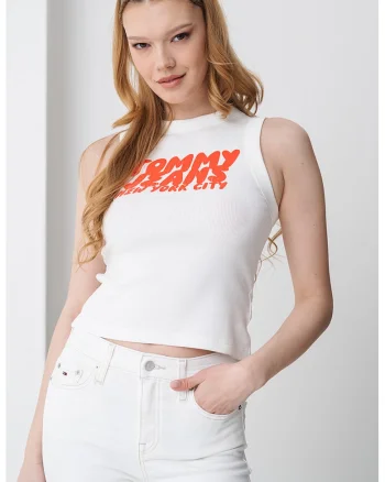 Top slim fit striat Bubble, Alb fildes/Coral