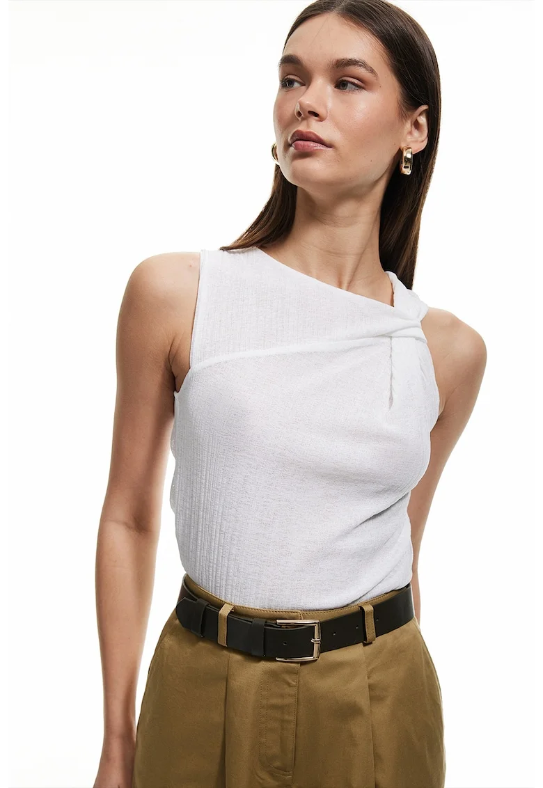 Top texturat slim fit cu detaliu nod, Alb optic