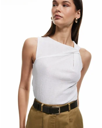 Top texturat slim fit cu detaliu nod, Alb optic