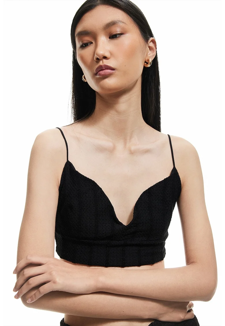Top crop cu decolteu adanc, Negru