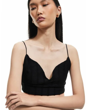 Top crop cu decolteu adanc, Negru
