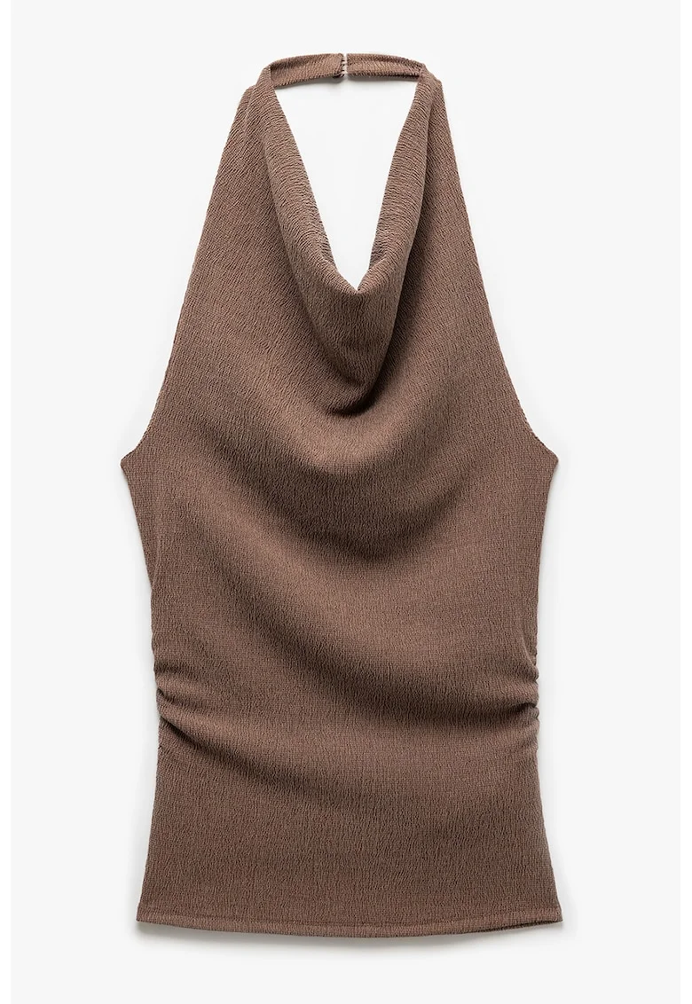 Top texturat cu decolteu halter, Maro taupe