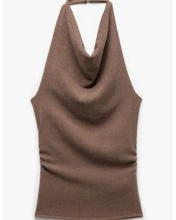 Top texturat cu decolteu halter, Maro taupe