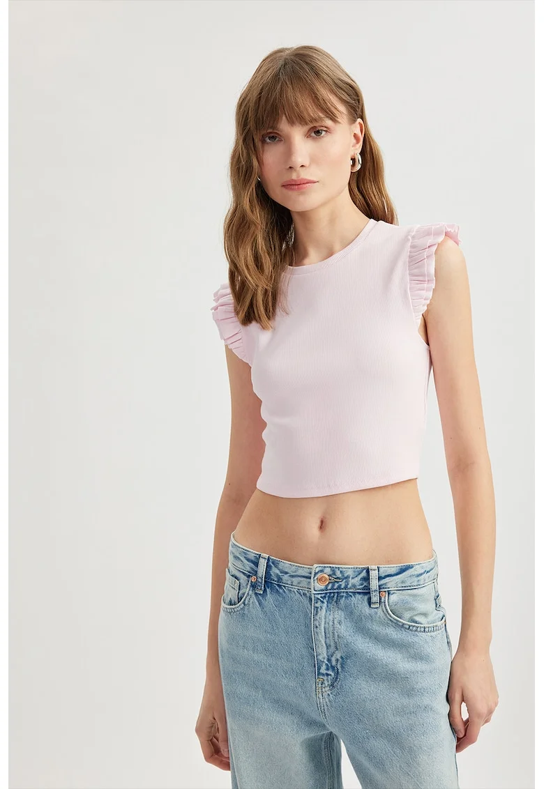Top slim fit cu volane, Roz pastel