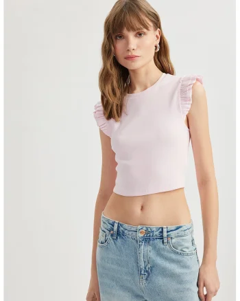 Top slim fit cu volane, Roz pastel