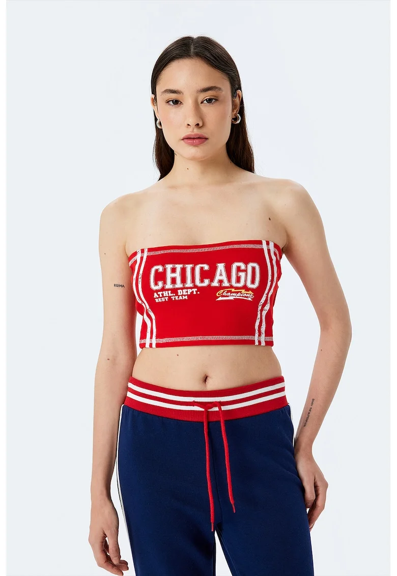 Top crop cu imprimeu, Alb/Rosu vermillion