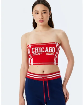 Top crop cu imprimeu, Alb/Rosu vermillion