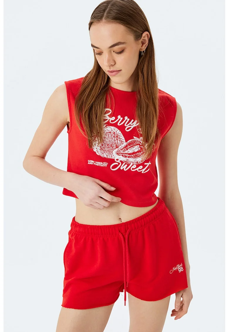 Top crop din amestec de bumbac cu imprimeu, Rosu/Alb