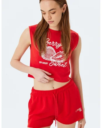 Top crop din amestec de bumbac cu imprimeu, Rosu/Alb
