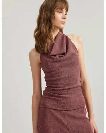 Top slim fit cu decolteu halter, Maro cognac