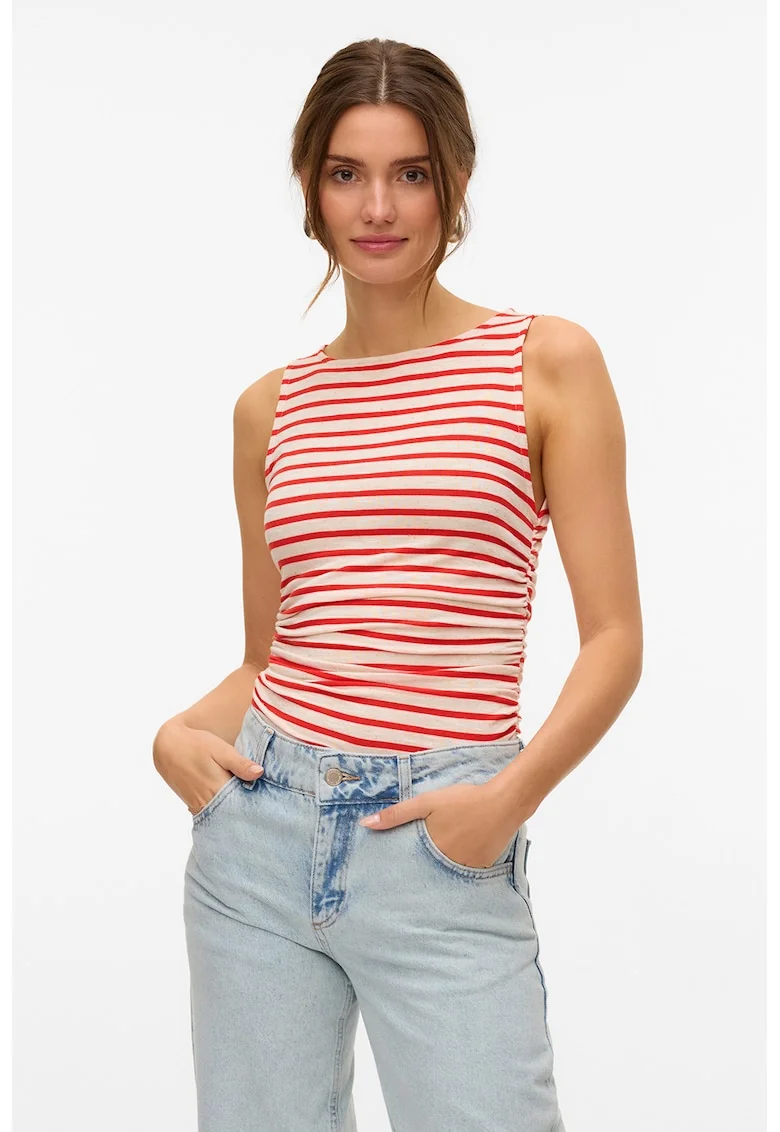 Top slim fit cu model in dungi, Rosu/Alb murdar