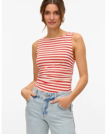Top slim fit cu model in dungi, Rosu/Alb murdar