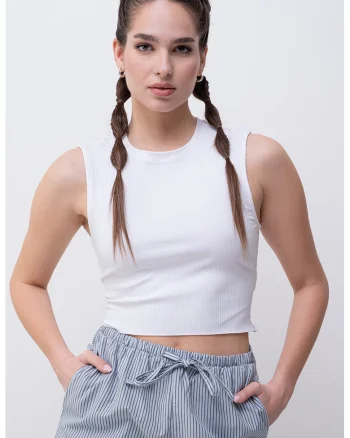 Top crop striat cu decupaj pe spate, Alb optic
