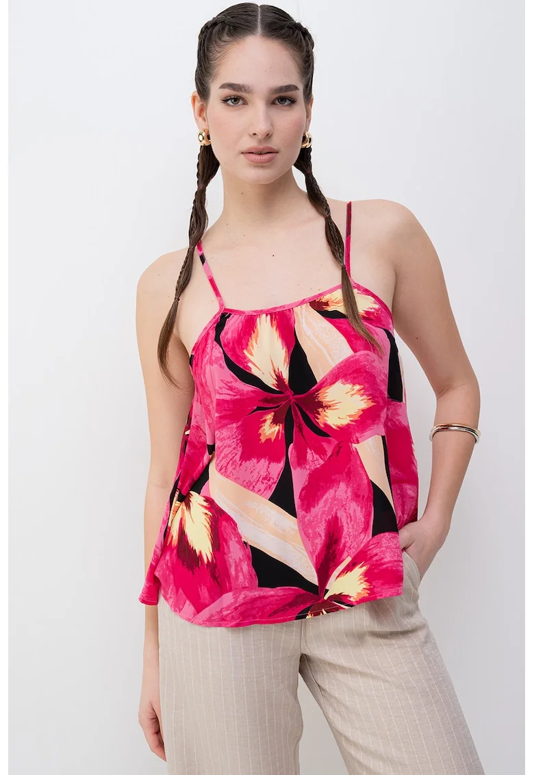 Top vaporos cu imprimeu floral, Negru/Galben/Roz