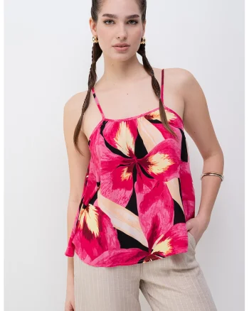 Top vaporos cu imprimeu floral, Negru/Galben/Roz