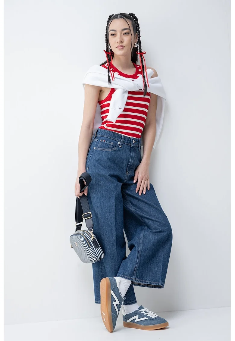 Top slim fit cu striatii, Rosu/Alb