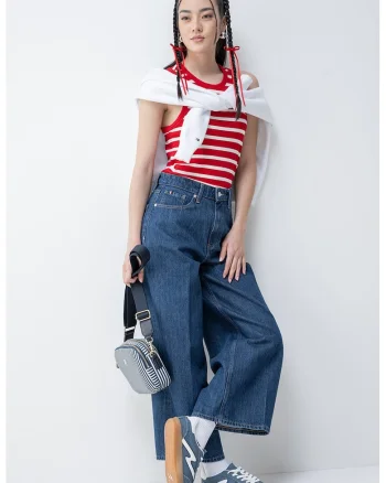 Top slim fit cu striatii, Rosu/Alb