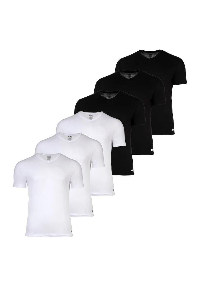 Set de tricou slim fit de casa cu decolteu la baza gatului - 6 piese, Alb/Negru
