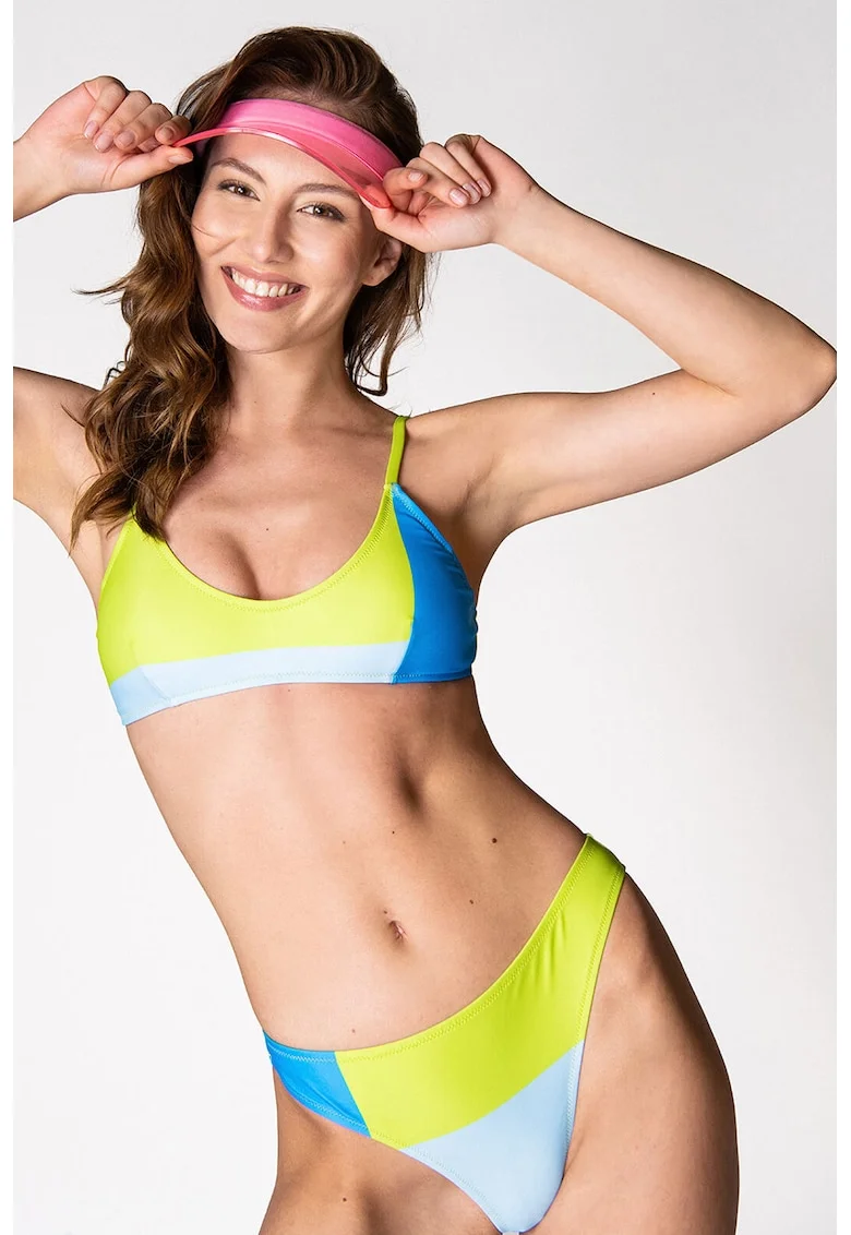 Costum de baie in doua piese cu model colorblock, Verde lime/Albastru