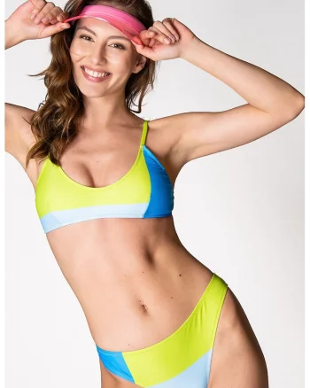 Costum de baie in doua piese cu model colorblock, Verde lime/Albastru