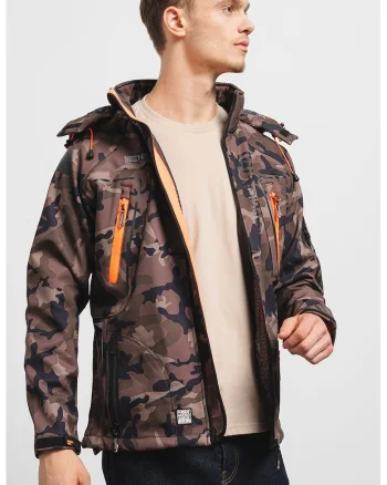 Geaca cu imprimeu camuflaj si gluga detasabila Techno, Negru/Kaki