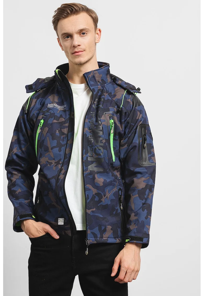 Geaca cu imprimeu camuflaj si gluga detasabila Techno, Kaki/Bleumarin
