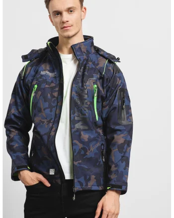 Geaca cu imprimeu camuflaj si gluga detasabila Techno, Kaki/Bleumarin