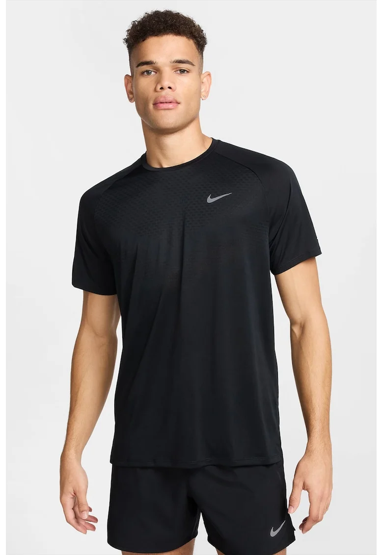 Tricou cu decolteu la baza gatului si tehnologie Dri-Fit, pentru alergare, Negru/Argintiu