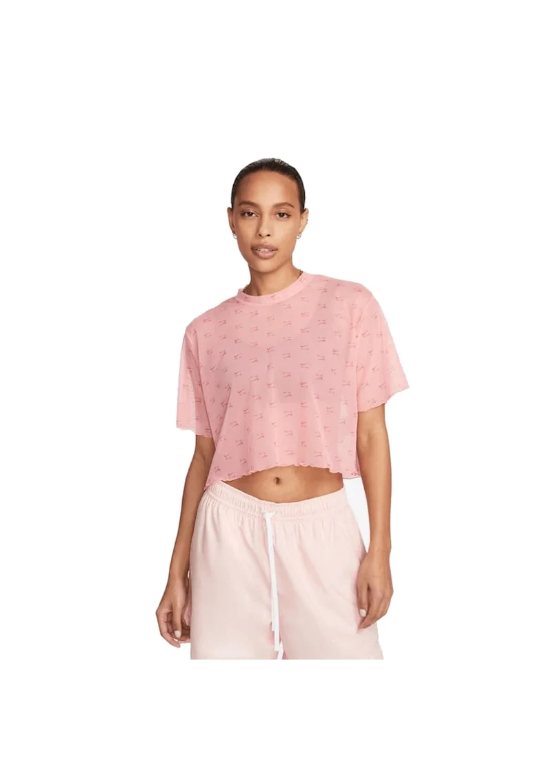 Tricou crop din plasa cu imprimeu logo Air, Roz
