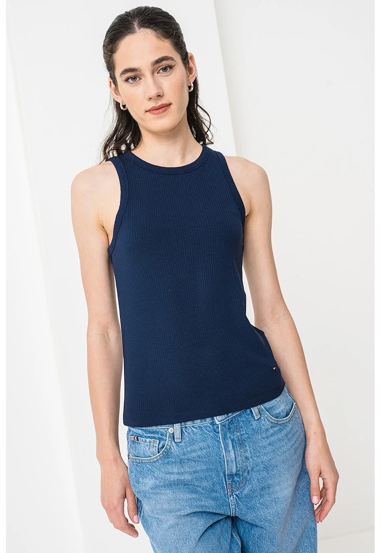 Top slim fit cu striatii, Albastru inchis