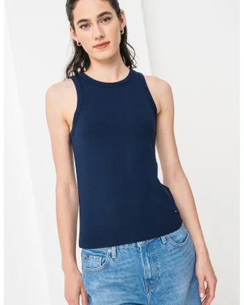 Top slim fit cu striatii, Albastru inchis