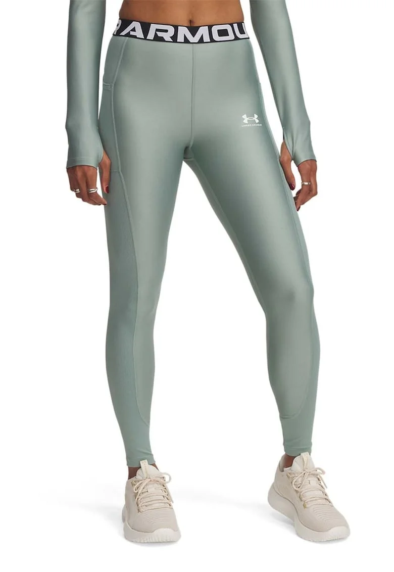 Colanti cu talie inalta si banda logo Heatgear, Verde menta