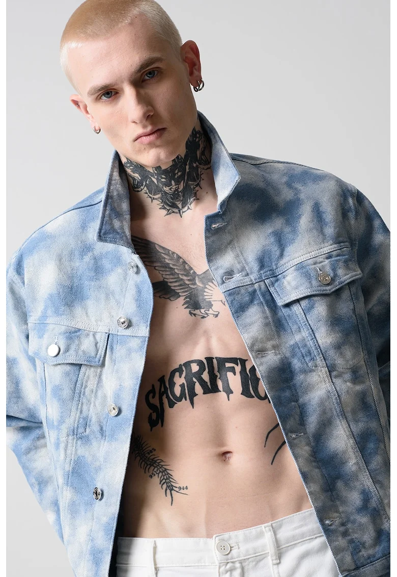 Jacheta de denim cu model tie-dye, Albastru prafuit/Alb murdar