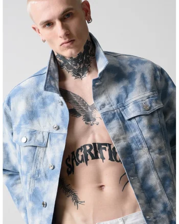 Jacheta de denim cu model tie-dye, Albastru prafuit/Alb murdar